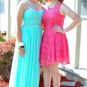 Teal blue prom dress.